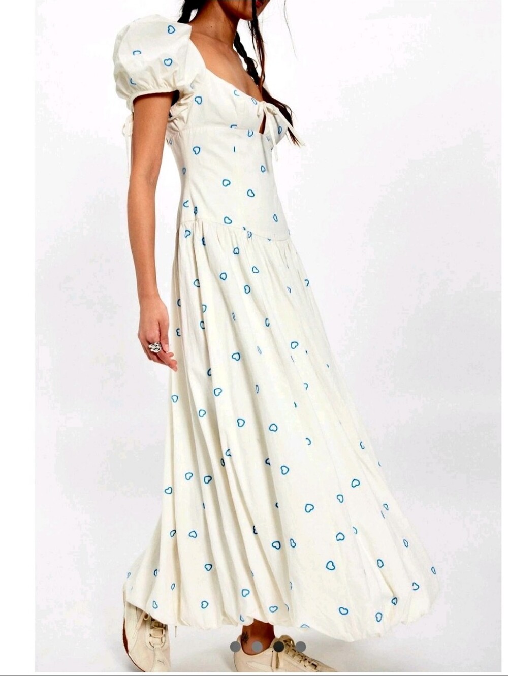 Free People Ivory Maxi Dress with Blue Heart Print